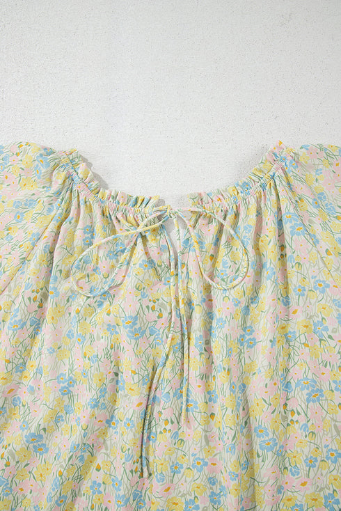 Charming Floral Print Frilled Half Sleeve U Neck A-Line Dress